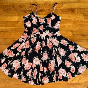 F21 Black Peachy Pink Big Flowers Criss Cross Back Fit n Flare Dress S